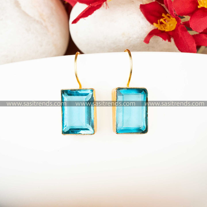 Party Wear Gold Plated Fish Hook Rectangular Aqua Blue Stone Studded Earrings Sasitrends