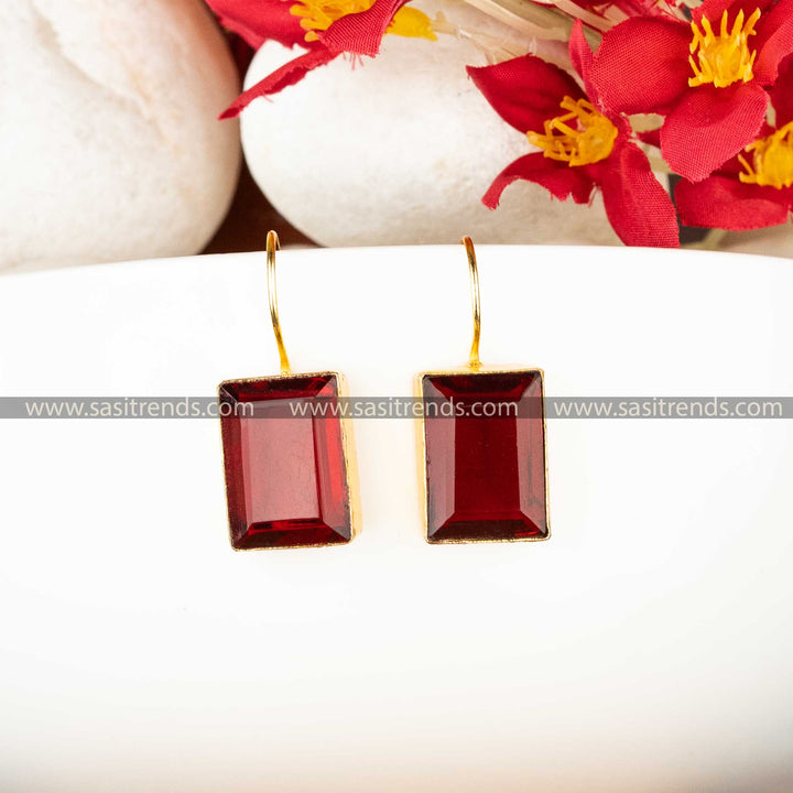 Stylish Gold Plated Fish Hook Rectangular Maroon Stone Studded Earrings