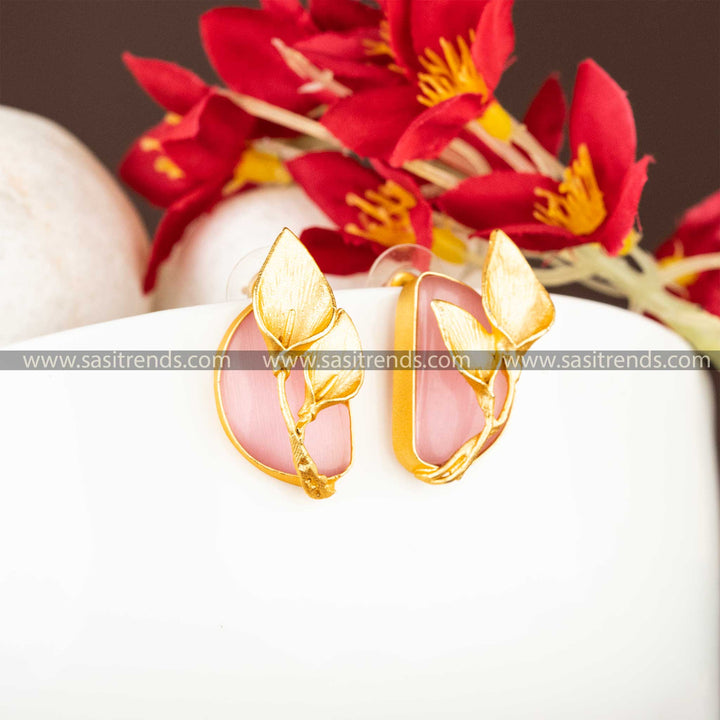 Attractive Gold Plated Push Back Leaf Pattern Pink Stone Studded Earrings Sasitrends