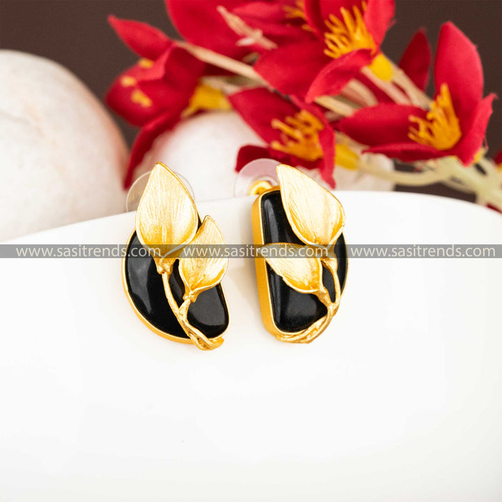 Office Wear Gold Plated Push Back Leaf Pattern Black Stone Studded Earrings Sasitrends