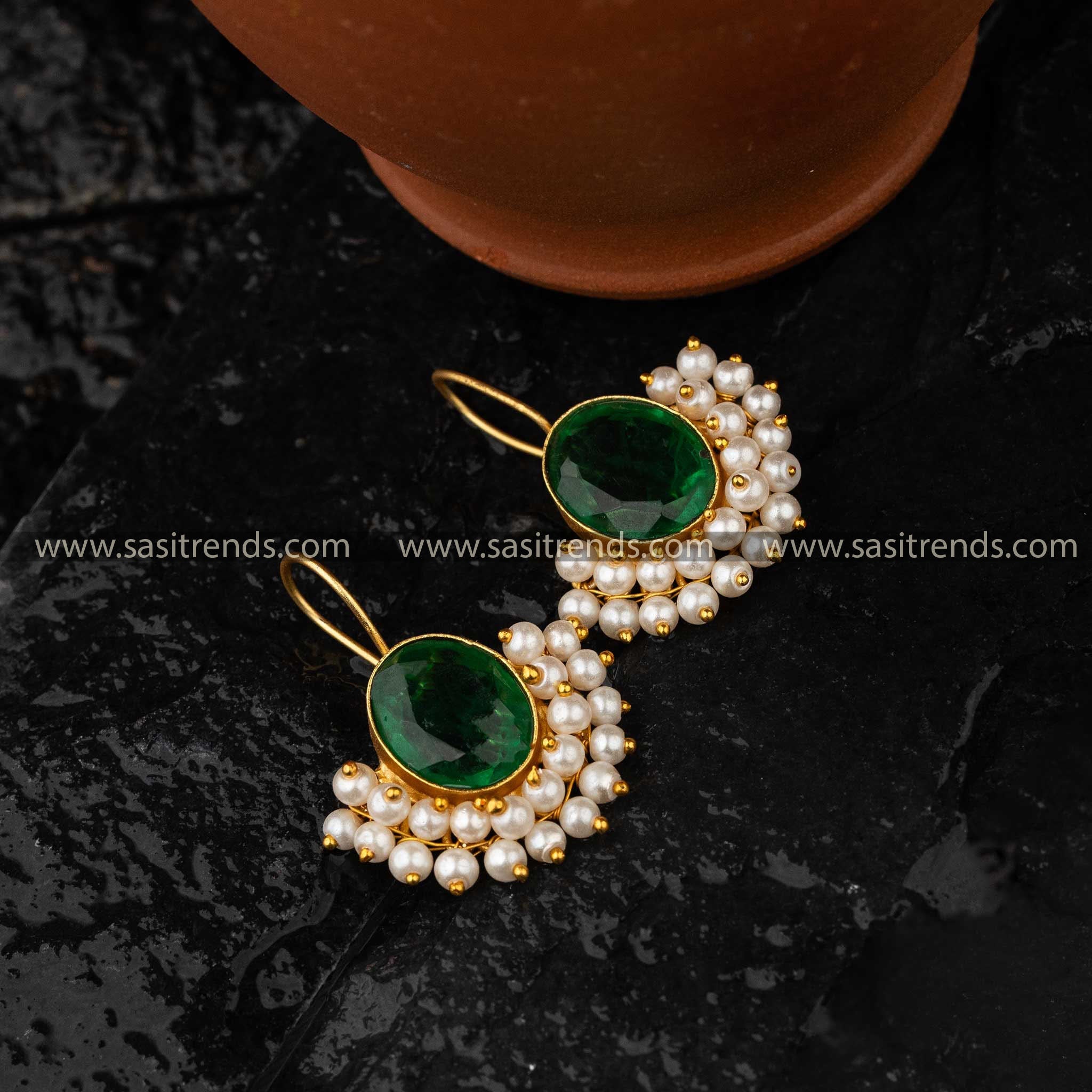 Elegant Green Oval Shaped Monalisa Stone Earrings with Pearls Sasitrends Online Shopping