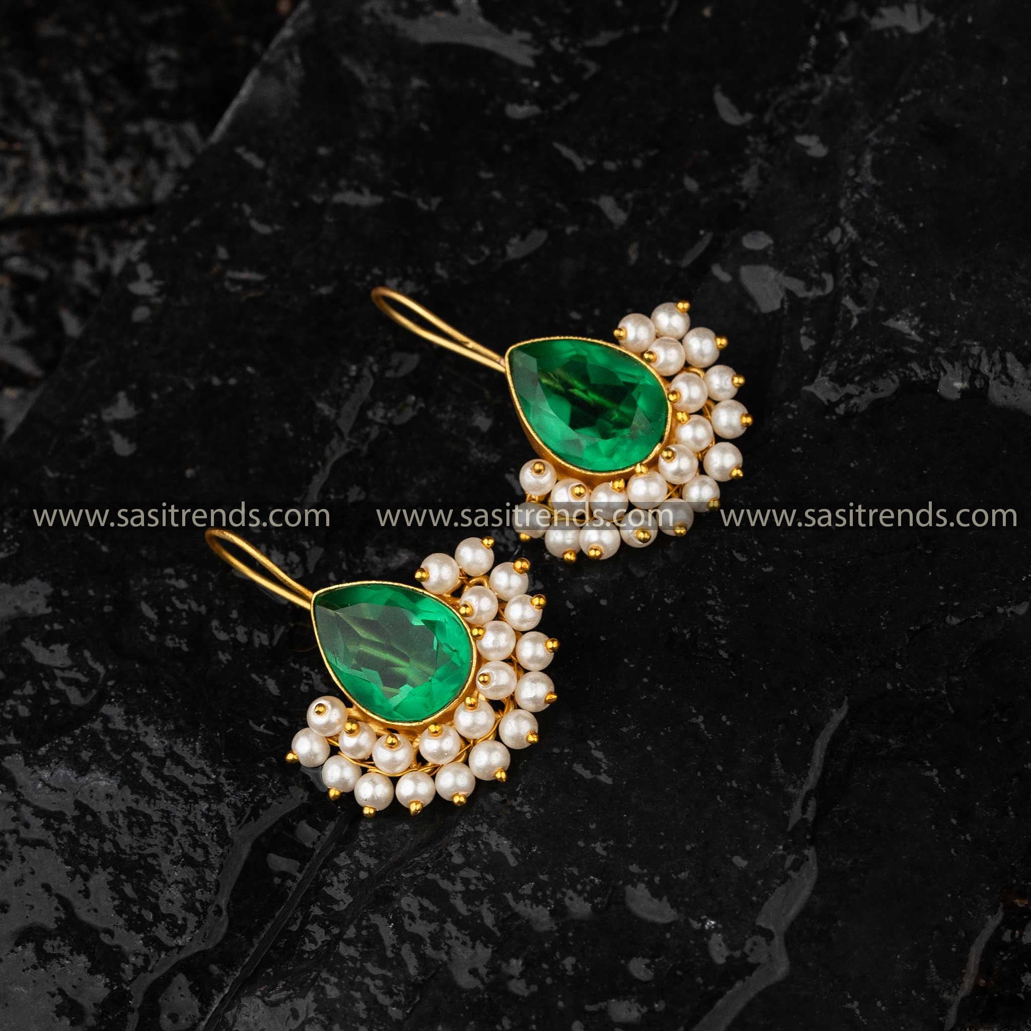 Green Pear-Shaped Monalisa Stone Gold Plated Earrings with Pearls Sasitrends Online Shopping