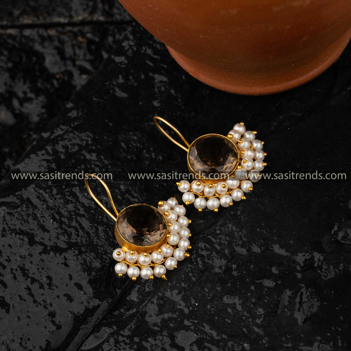 Elegant Brown Round Monalisa Stone and Pearl Earrings Sasitrends Online Shopping