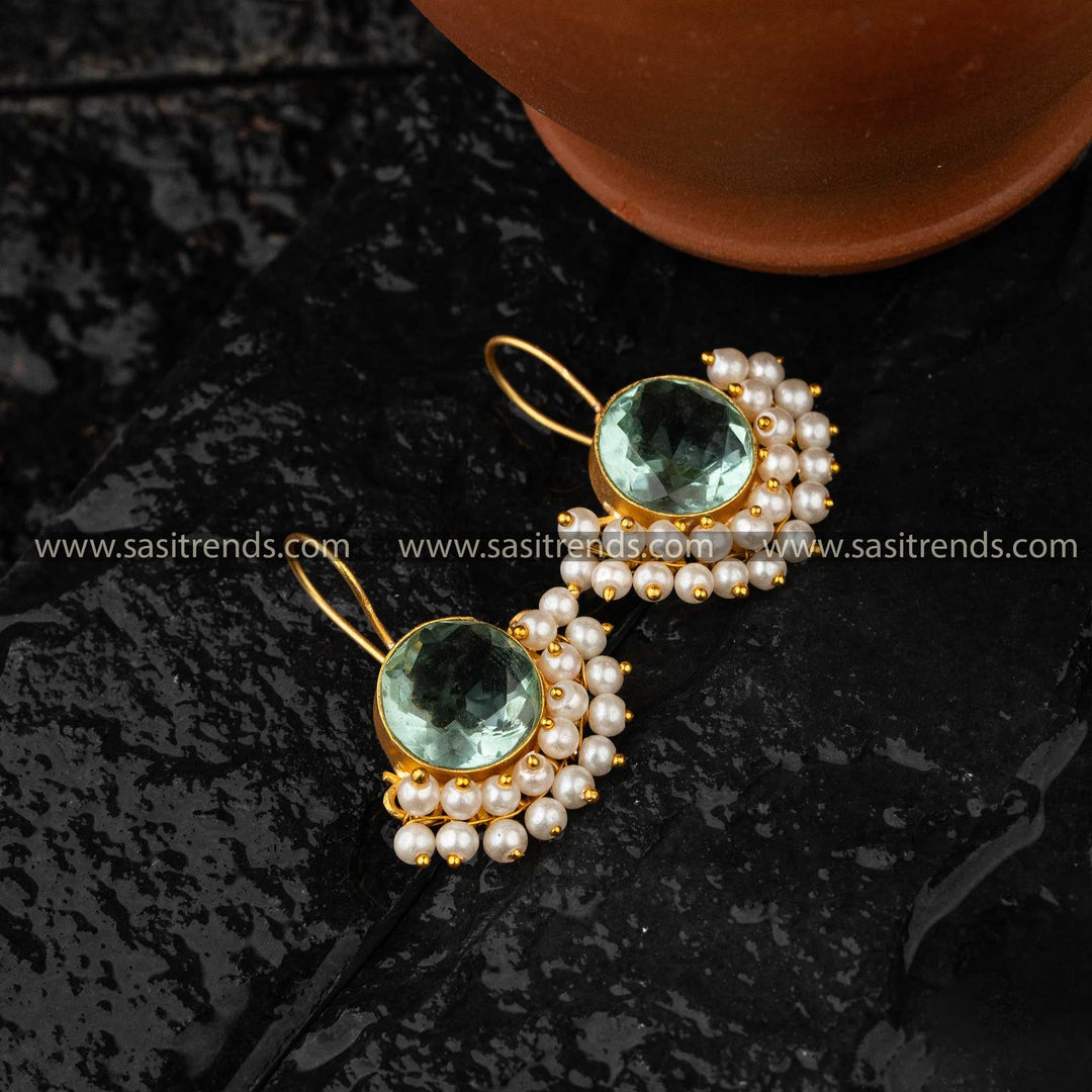 Aqua Blue Monalisa Stone Gold Plated Fishhook Earrings with Pearls