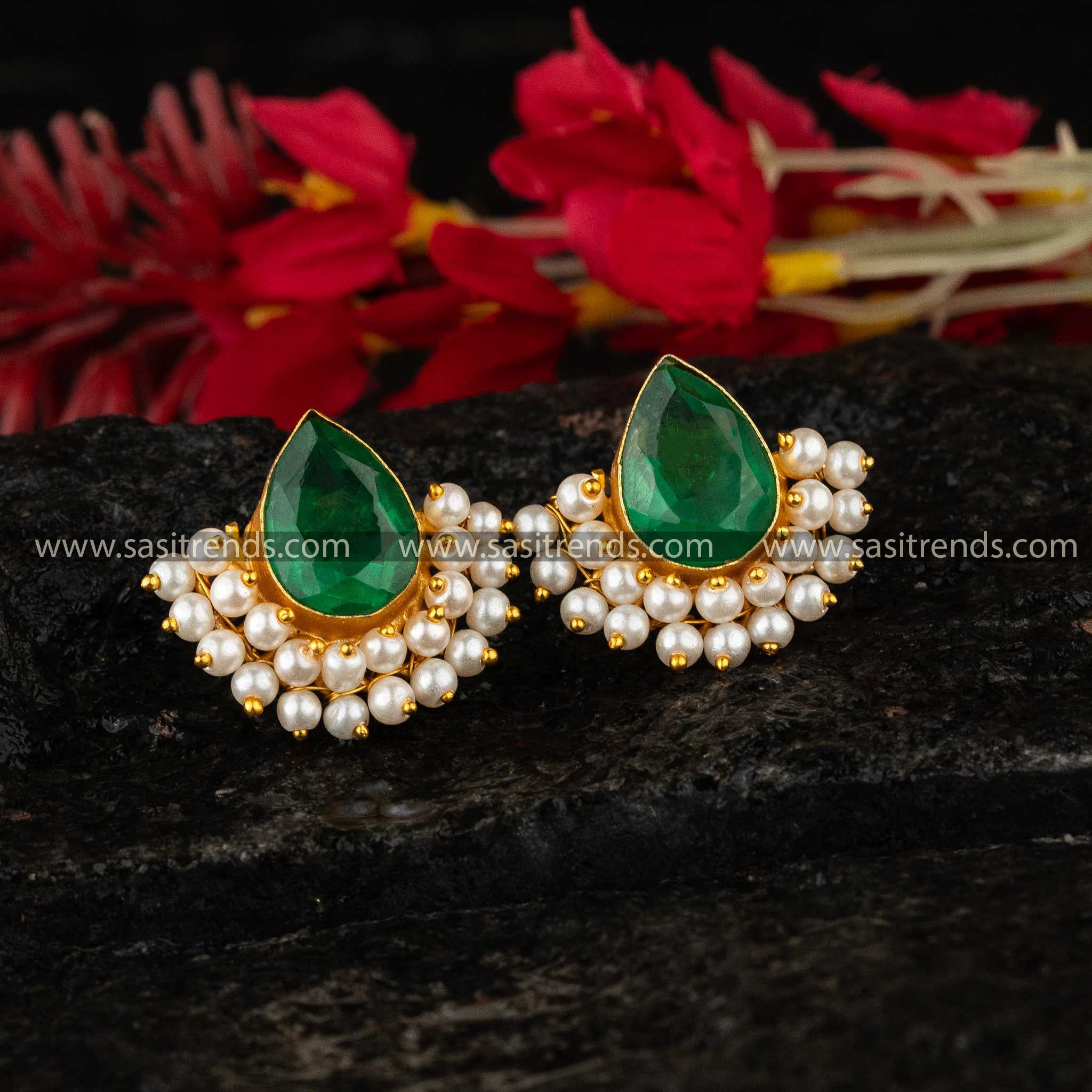 Gorgeous Green Water drop Stone Gold Plated Earrings with Pearls Sasitrends Online Shopping