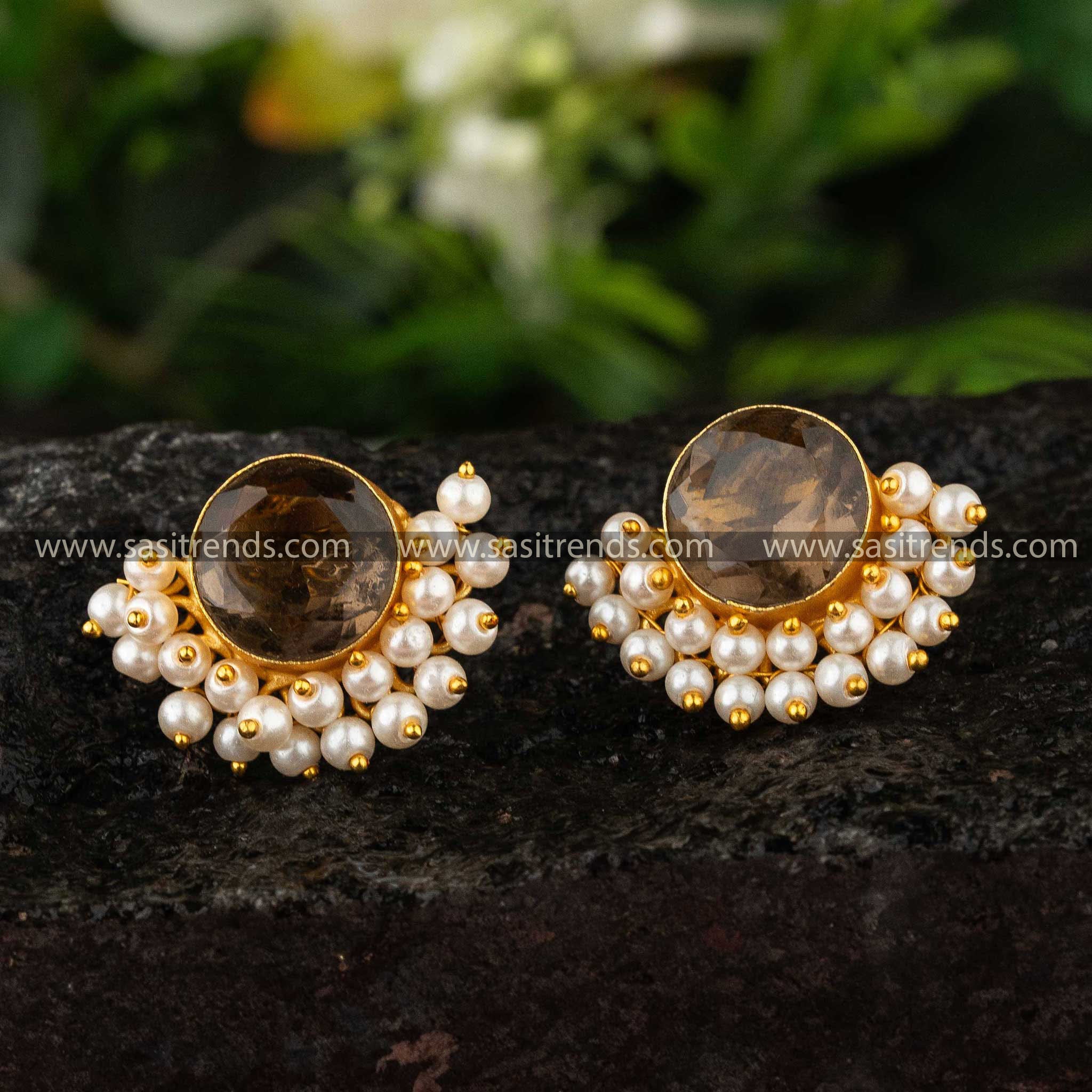 Gold-plated earrings featuring smoky brown stone and pearls