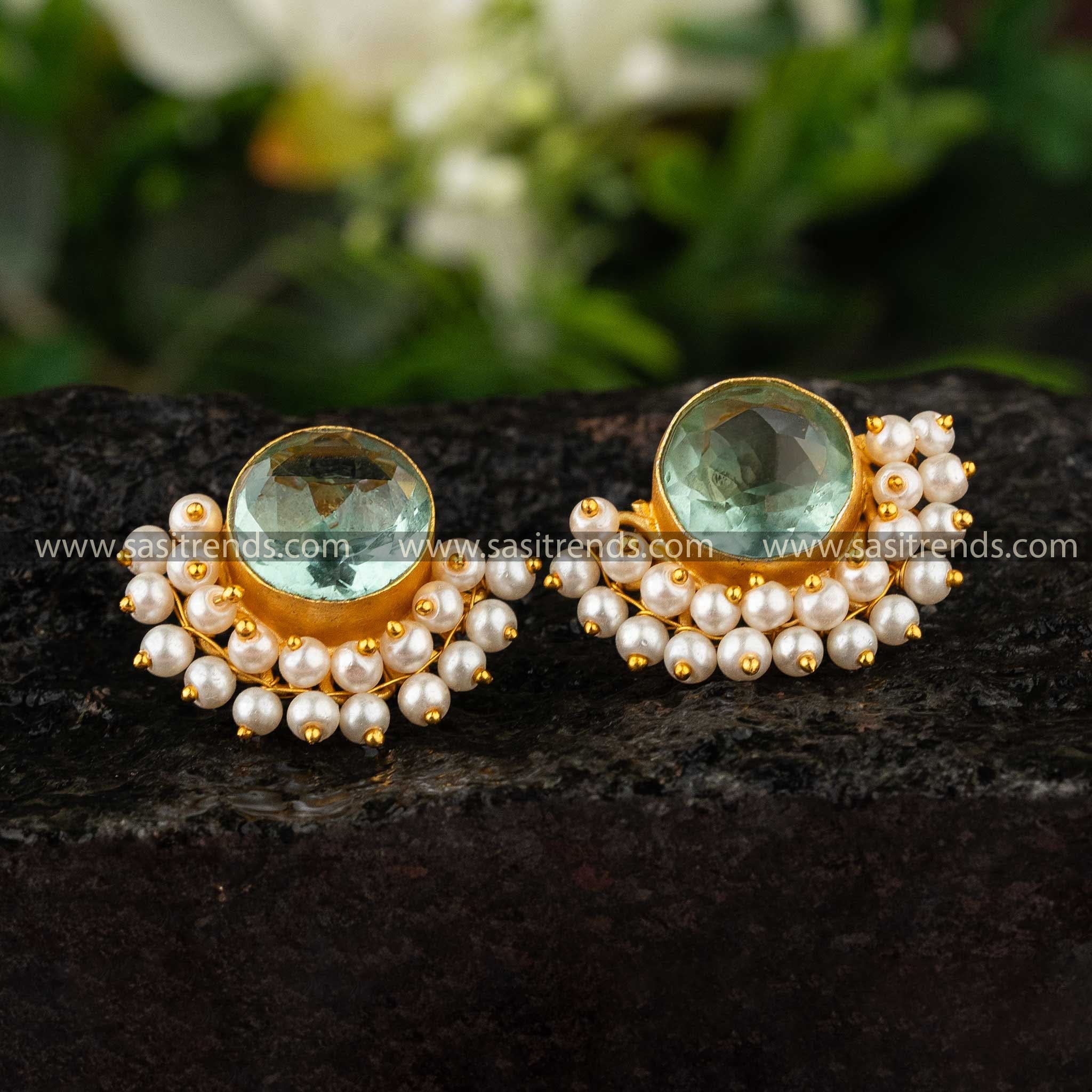 Elegant light aqua stone earrings with pearl embellishments sasitrends online shopping