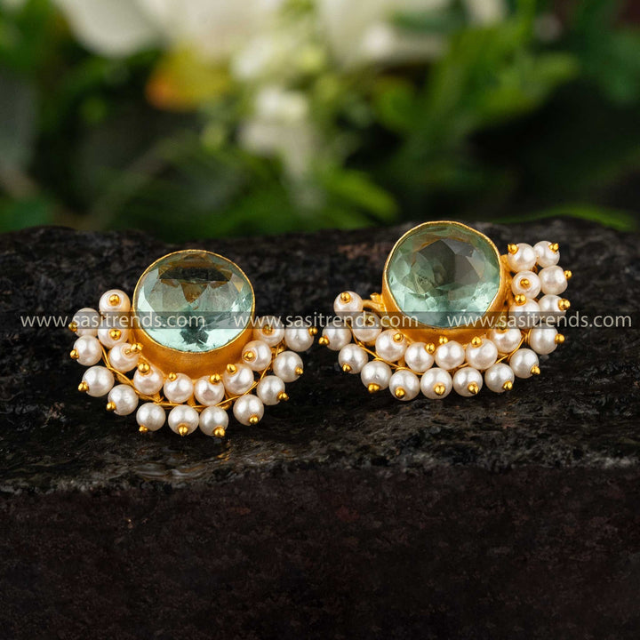 Sasitrends | Round Shaped Stone Gold-Plated Earrings with Pearl Embellishments