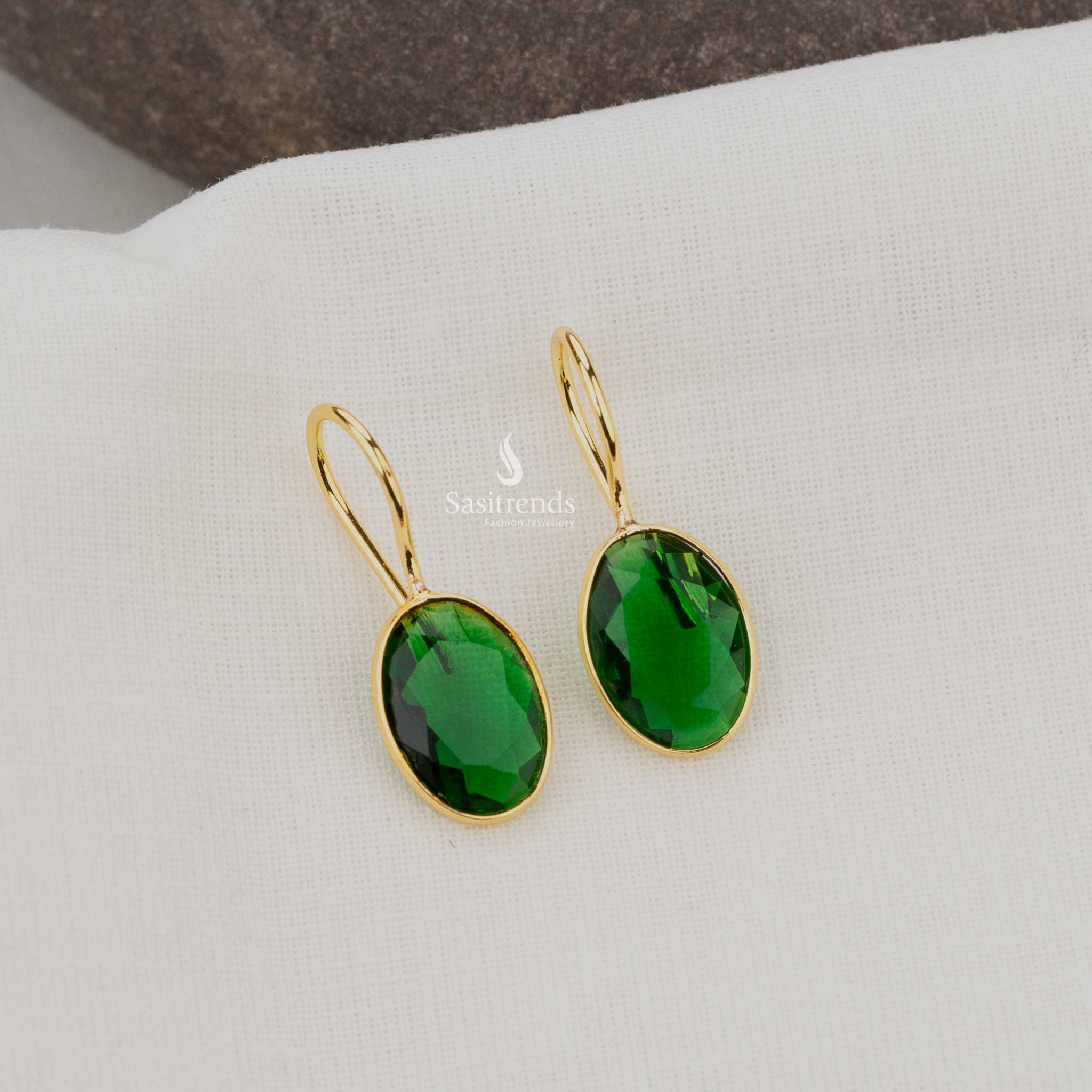 Classic Green Oval Gold Plated Earrings, Ideal for Work and Play