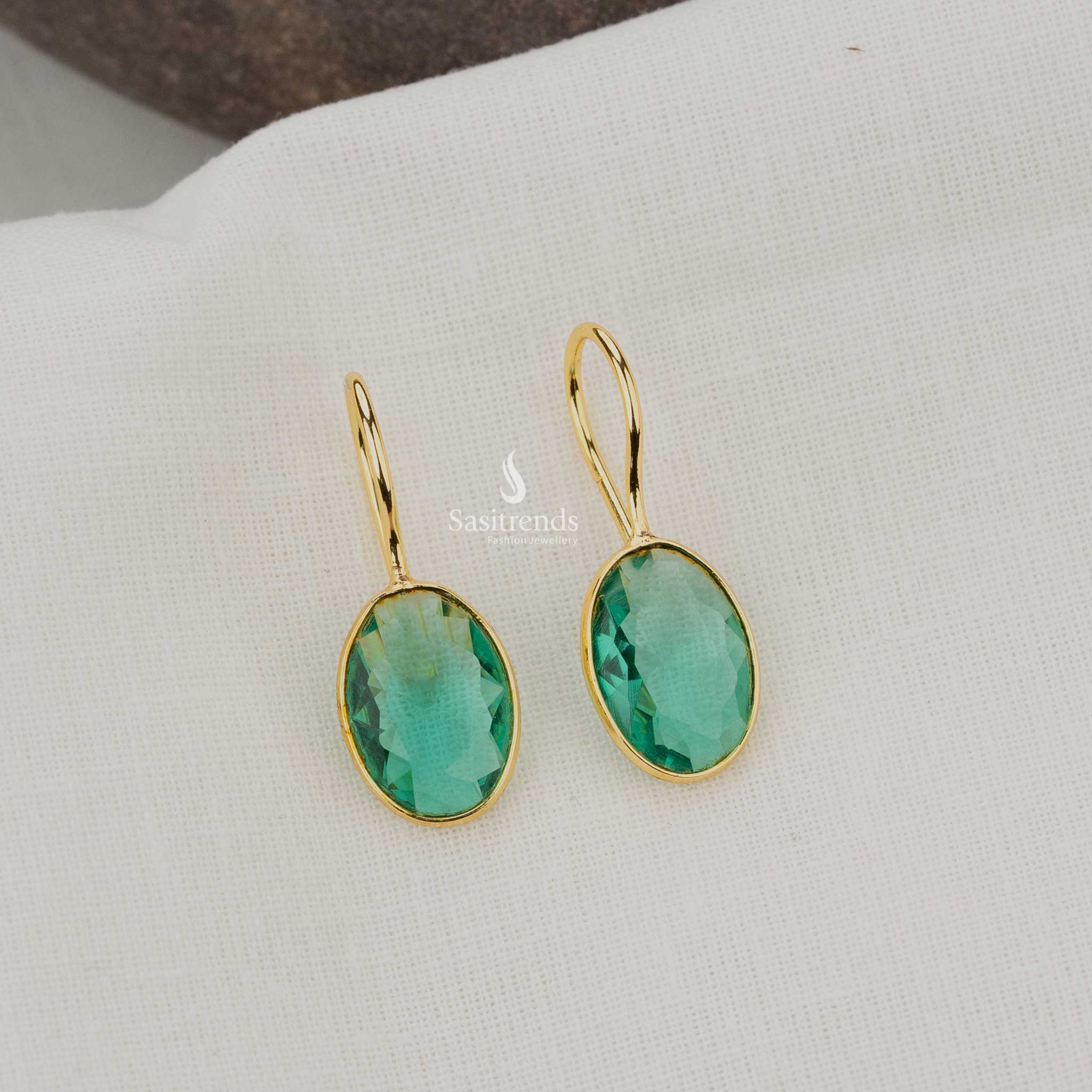 Cloudy Ocean Green Oval Gold Plated Earrings, Perfect for Casual Wear