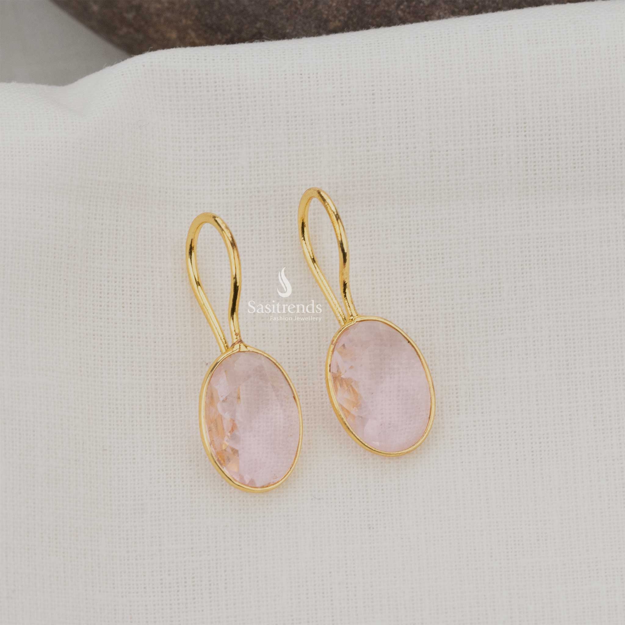 Soft Baby Pink Oval Gold Plated Earrings, Elegant Casual Style