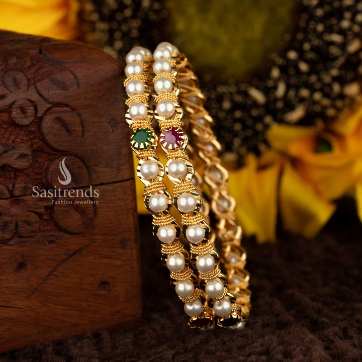 Traditional Micro Gold Plated Pearl and AD Stone Studded Bangles | Real Gold Look - Sasitrends