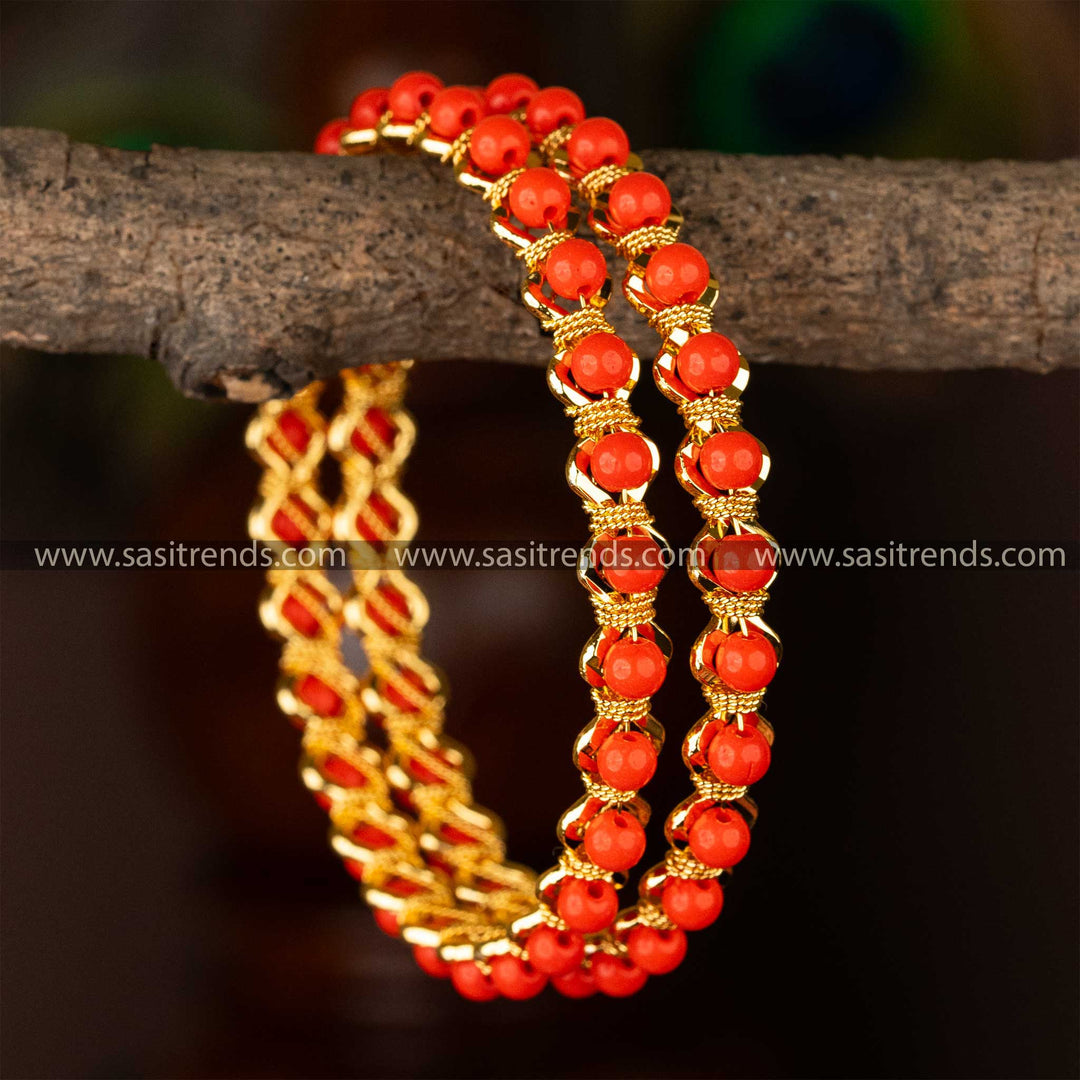 Guaranteed Micro Gold Plated Red Beads Studded Bangles Online Shopping