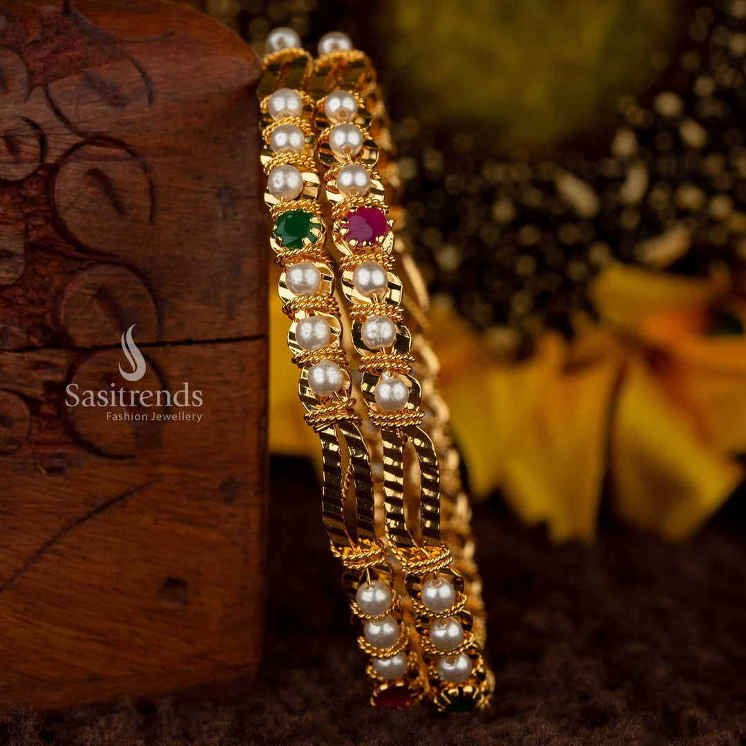 Guaranteed quality gold-plated bangle with AD stone and pearls - Sasitrends