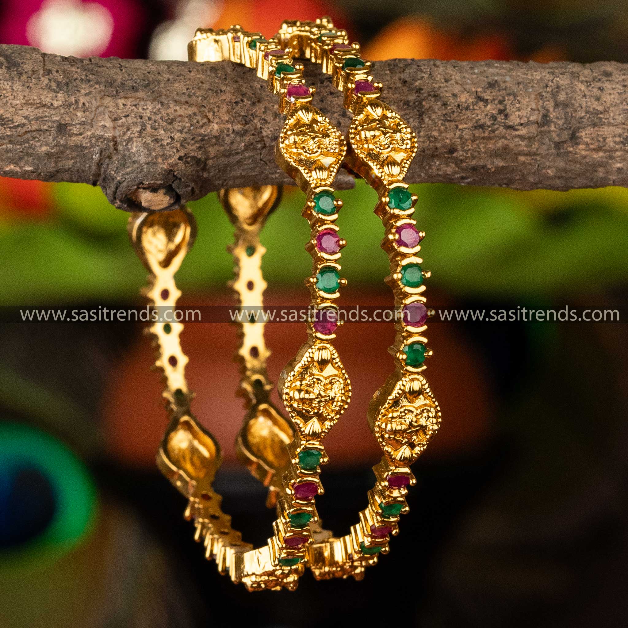 Matt Gold Plated Round Stone Lakshmi AD Stone Studded Brass Bangles Sasitrends Online Shopping