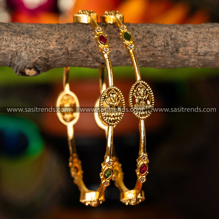 Sublime Oval Lakshmi Temple Matte Gold Plated Bangles with Marquise & Round AD Stones