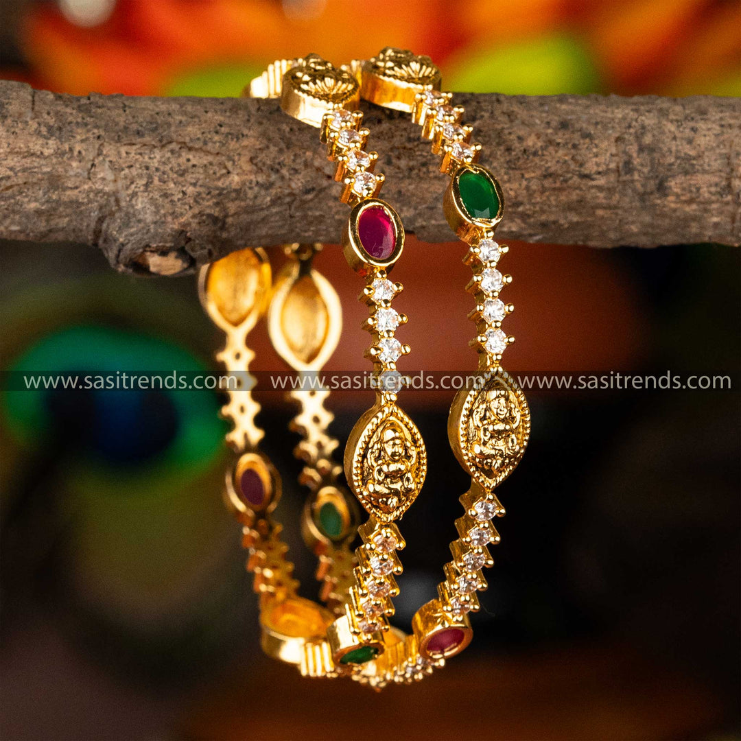 Matt Gold Plated Lakshmi Oval And Round AD Stone Studded Temple Brass Bangles Sasitrends Online Shopping