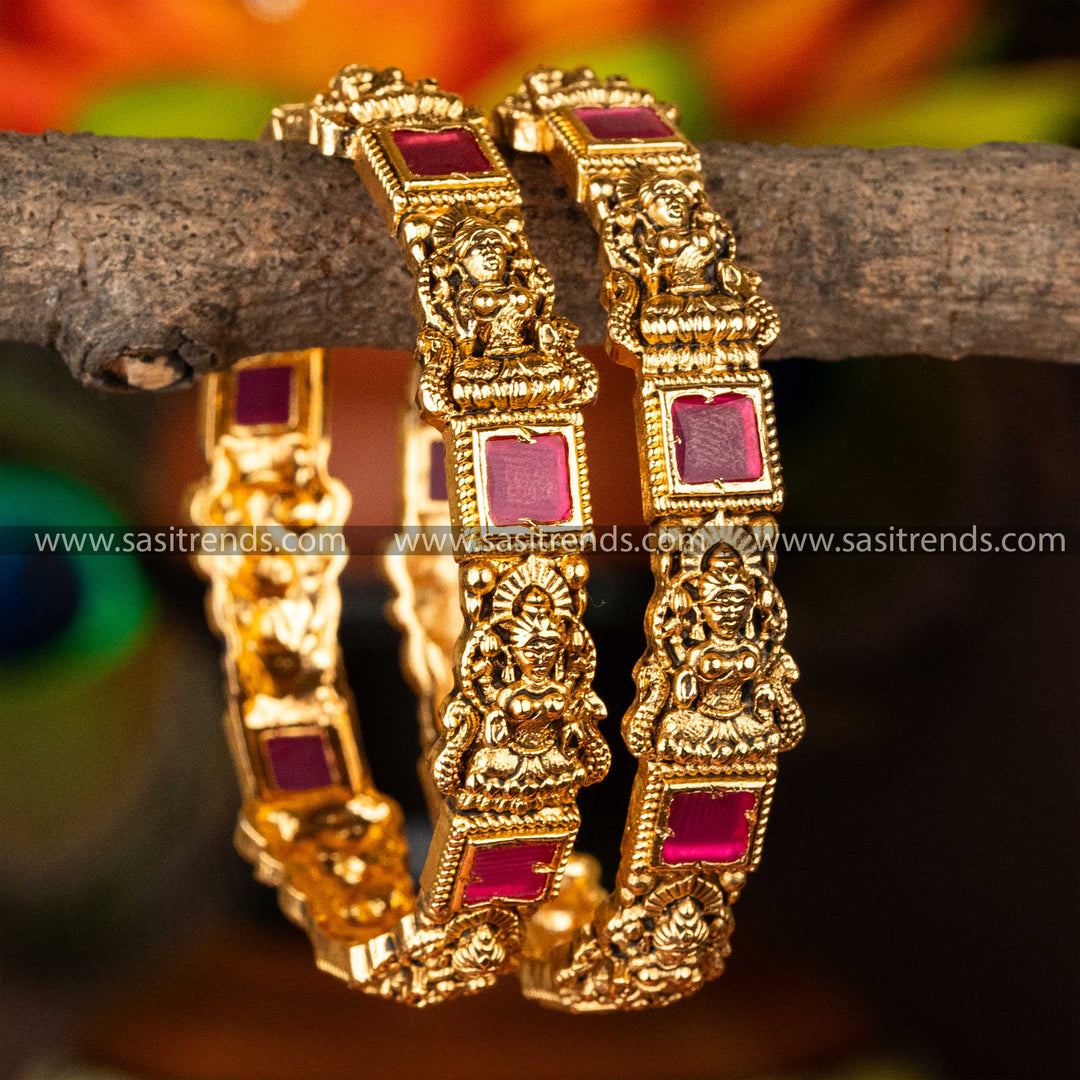 Matt Gold Plated Square Stone Studded Lakshmi Temple Brass Bangles Sasitrends Online Shopping