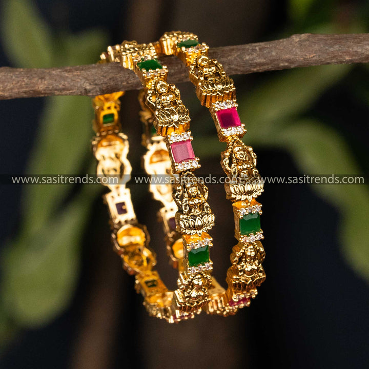 Heritage Temple Matte Gold Collection: Lotus Lakshmi & Square AD Gems Bangles - Sasitrends