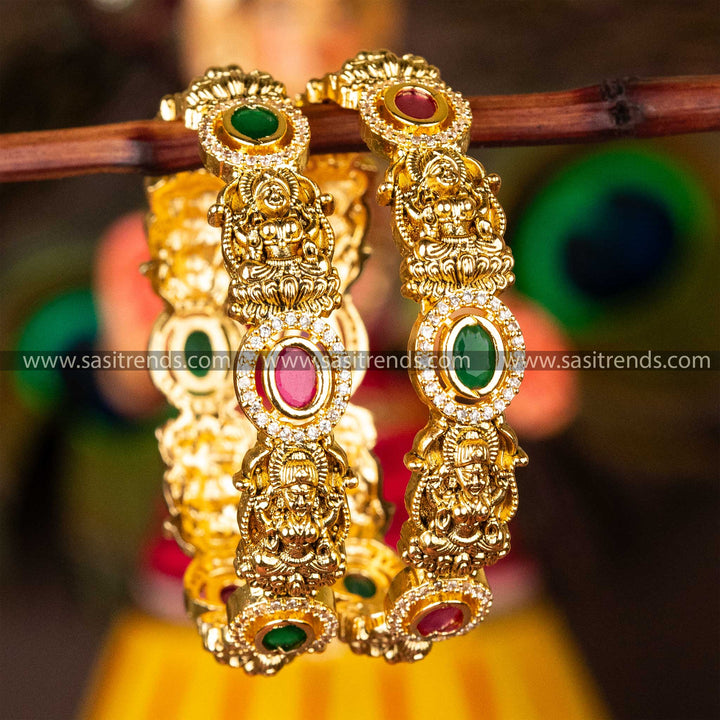 Opulent Lakshmi Lotus Temple Matte Gold Plated Bangles with Oval AD Stone Harmony Bridal Elegance - Sasitrends