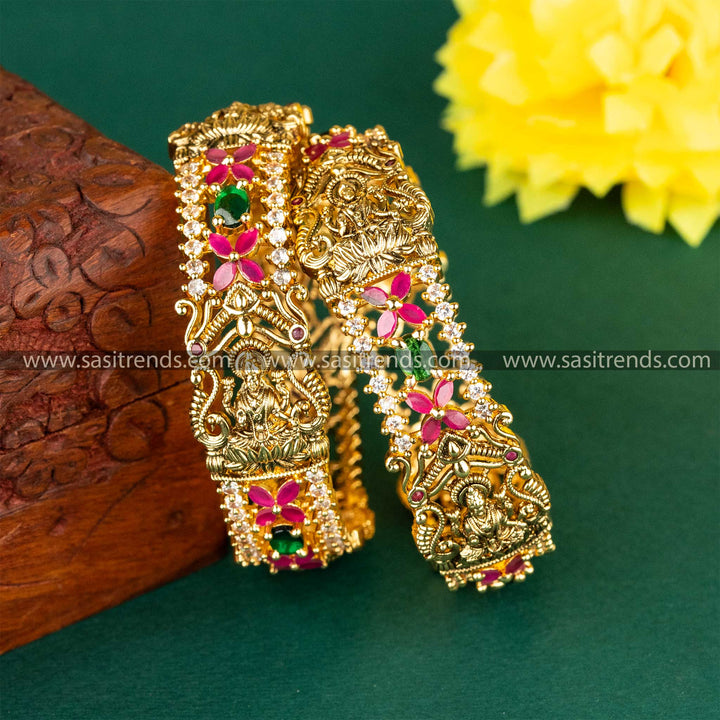 Lakshmi Temple Bridal Bangles with Peacock and Floral Motifs 