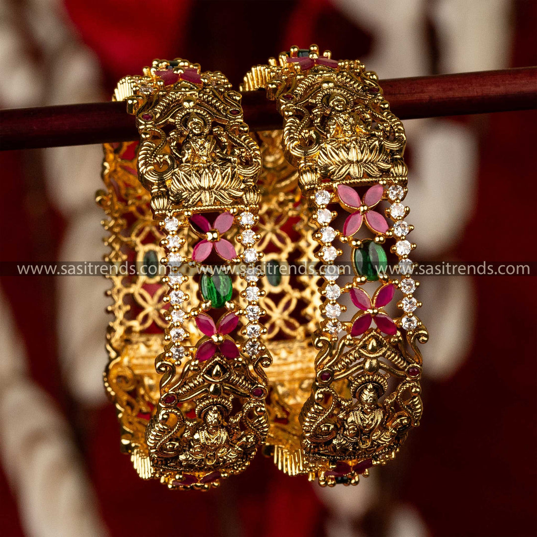 Matte Gold-Plated Lakshmi Temple Bridal Bangles with Goddess Effigy 