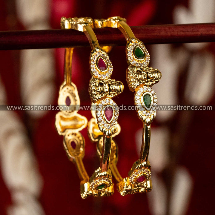 Bridal Bliss Matte Gold-Plated Temple Lakshmi Bangles with AD Stones