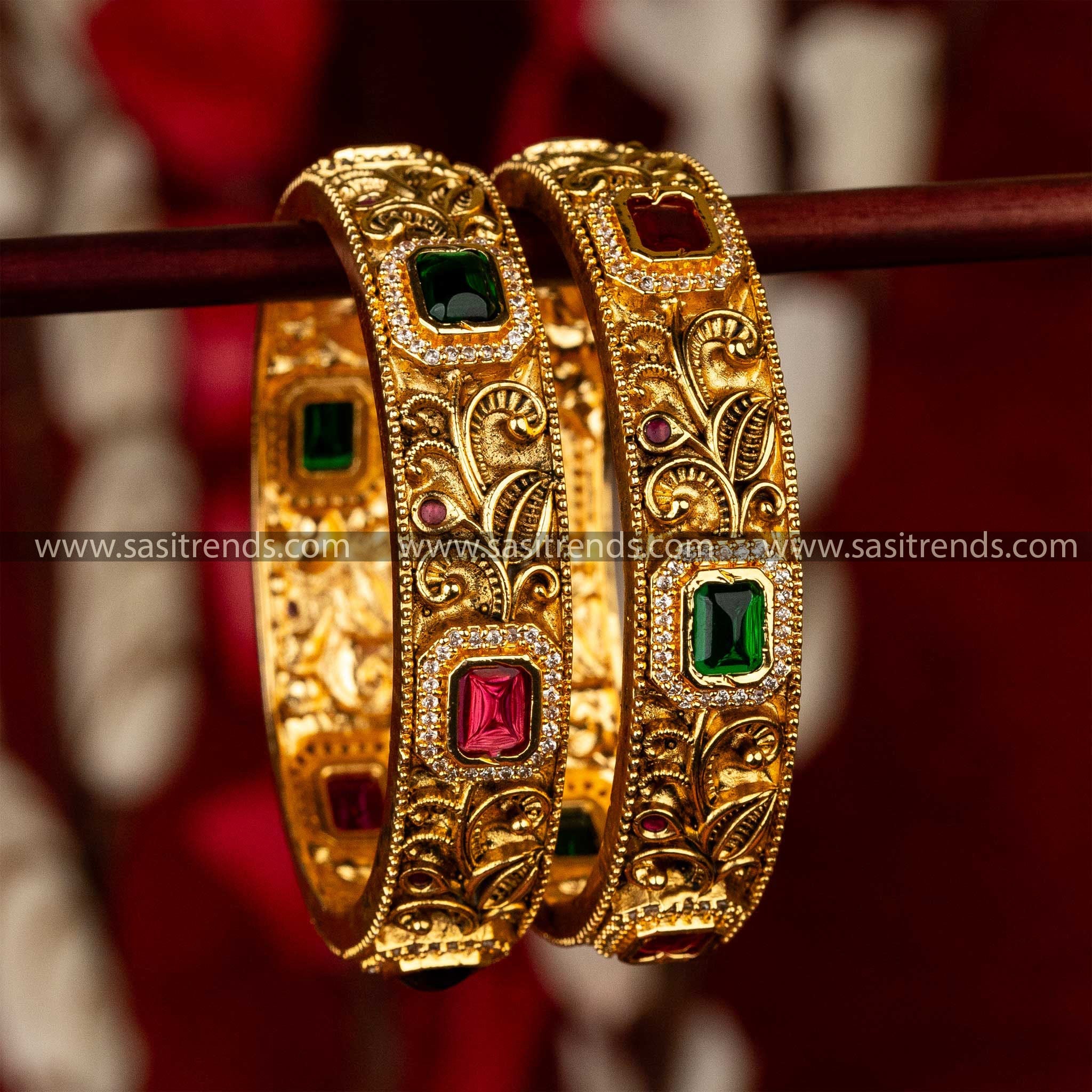 Matte Enchanted Garden Temple Bangles with Leaf Pattern 