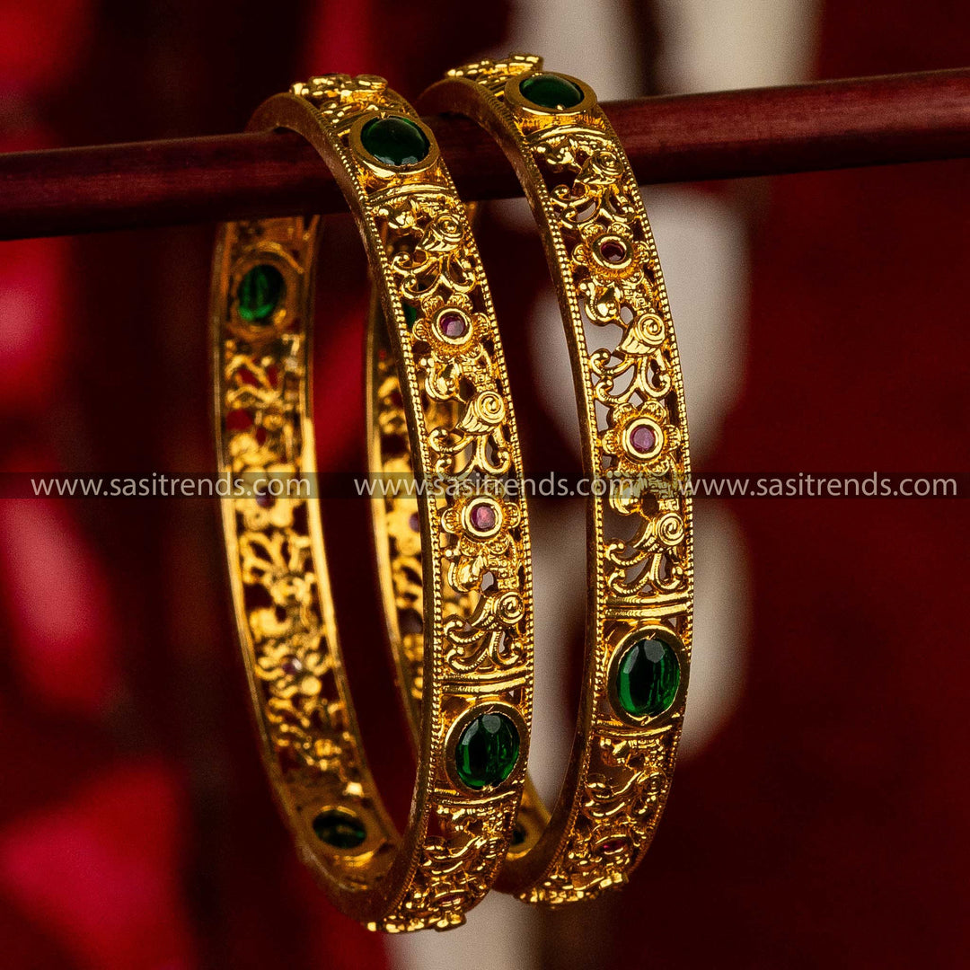 Temple Grandeur Matte Gold Bangles with Traditional Floral Pattern 