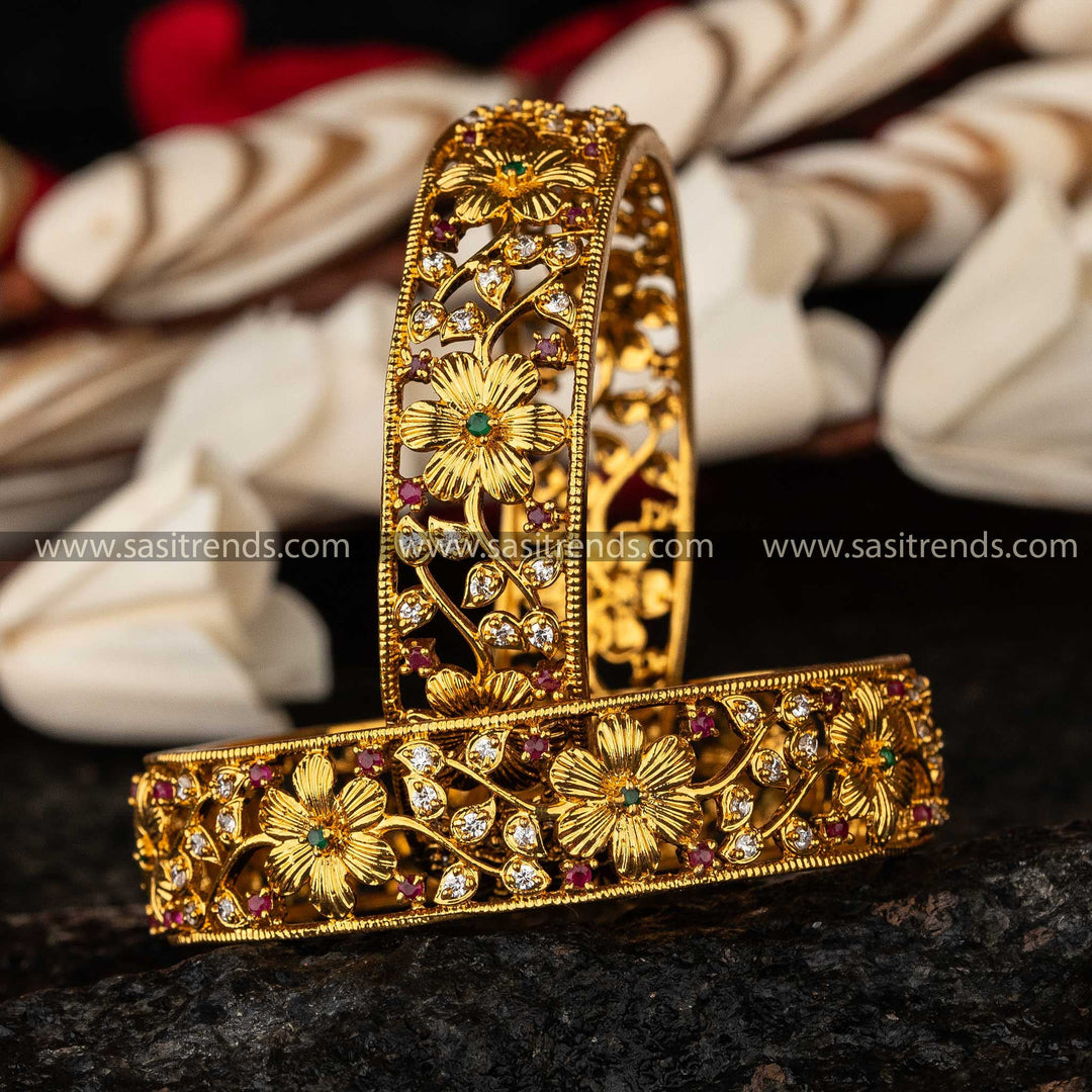 Floral Elegance AD Stone Studded Matte Gold Temple Bangles Sasitrends Online Shopping