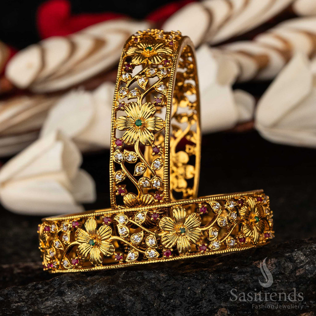 Floral Elegance AD Stone Studded Matte Gold Temple Bangles -Sasitrends Online Shopping