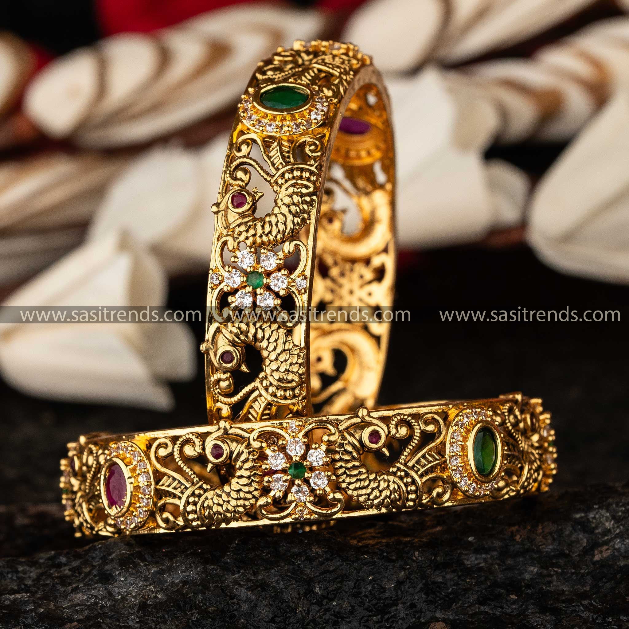 Enchanting Peacock Matte Gold Bangles with AD Stone Embellishments Sasitrends Online Shopping