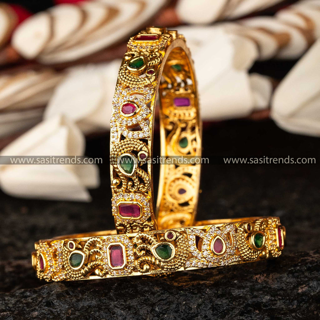 Ornate Peacock Matte Gold Temple Bangles with AD Stones Sasitrends Online Shopping