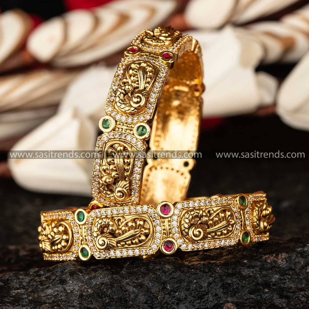 Lavish Peacock Rectangle Matte Gold Temple Bangles with AD Stones Sasitrends Online Shopping