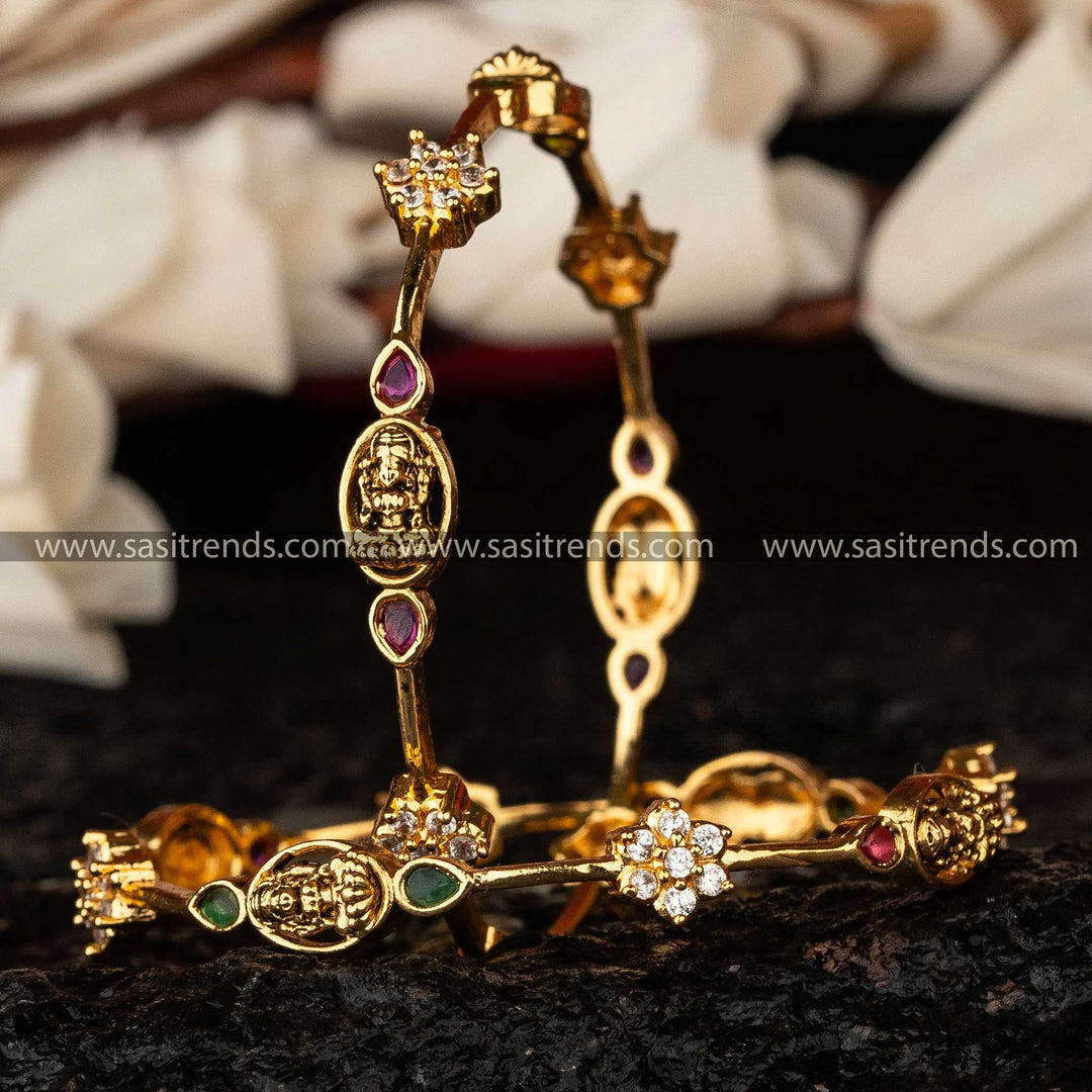 Temple Elegance Matte Gold Lakshmi Oval Motif Bangles with AD Stones Sasitrends Online Shopping