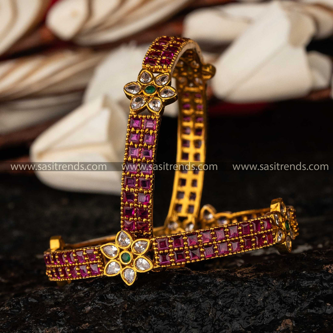 Radiant Flower Matte Gold Temple Bangles with AD Stones Sasitrends Online Shopping