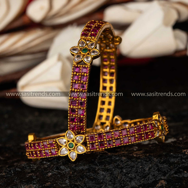 Sasitrends - Radiant Flower Matte Gold AD Stone Temple Bangles