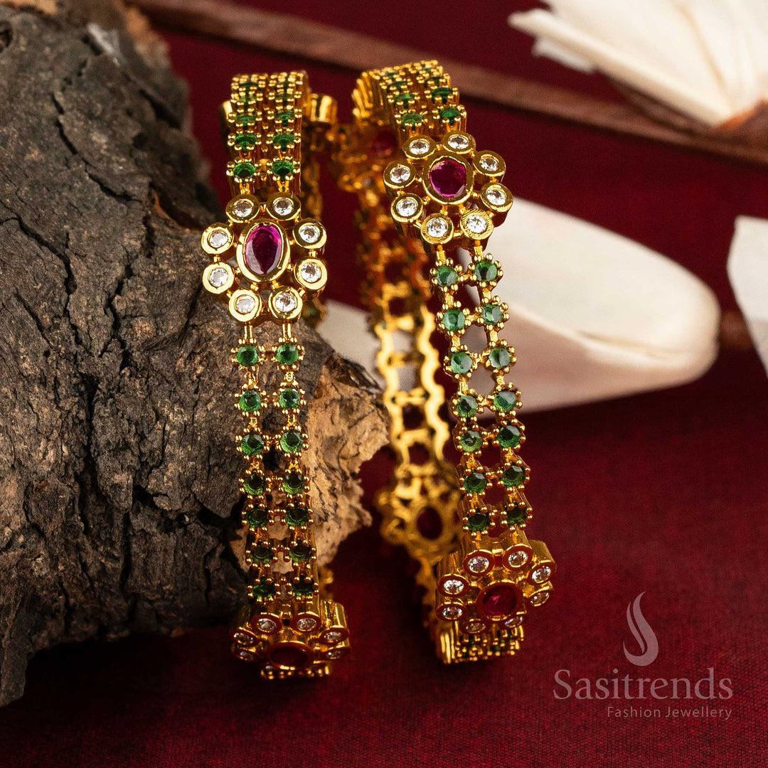 Temple Floral Motif Bangles with Green Stones - Sasitrends