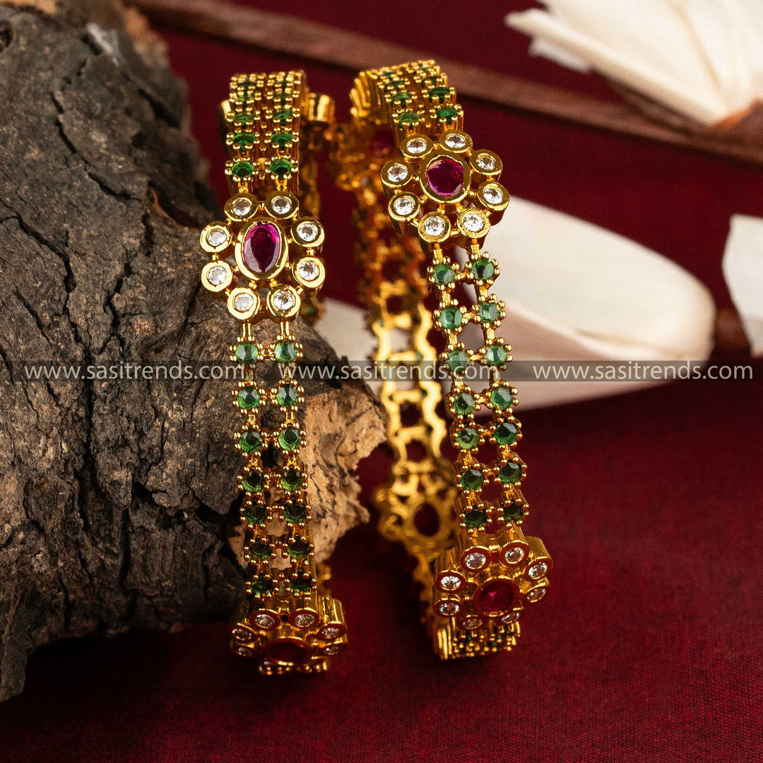 Temple Floral Motif Bangles with Green Stones