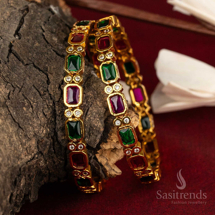 Sasitrends | Traditional Kemp AD Stone Studded American Diamond Matte Gold Plated Temple Bangles