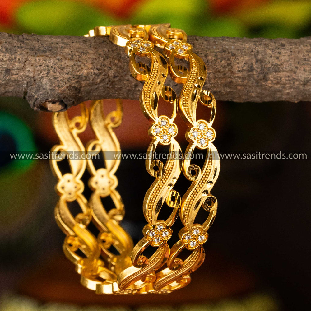 Attractive Gold Plated White Stone Studded Floral Designer Forming Bangles