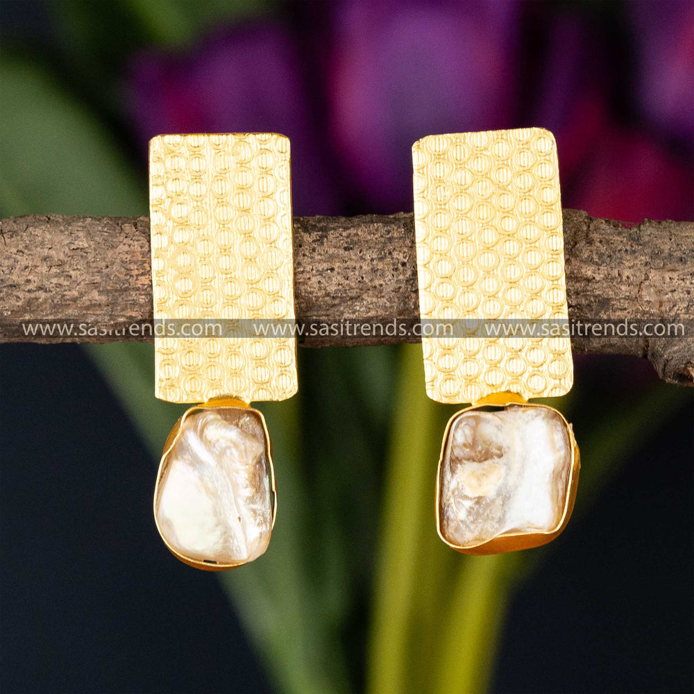 Textured gold rectangle earrings with unique Mother of Pearl accent