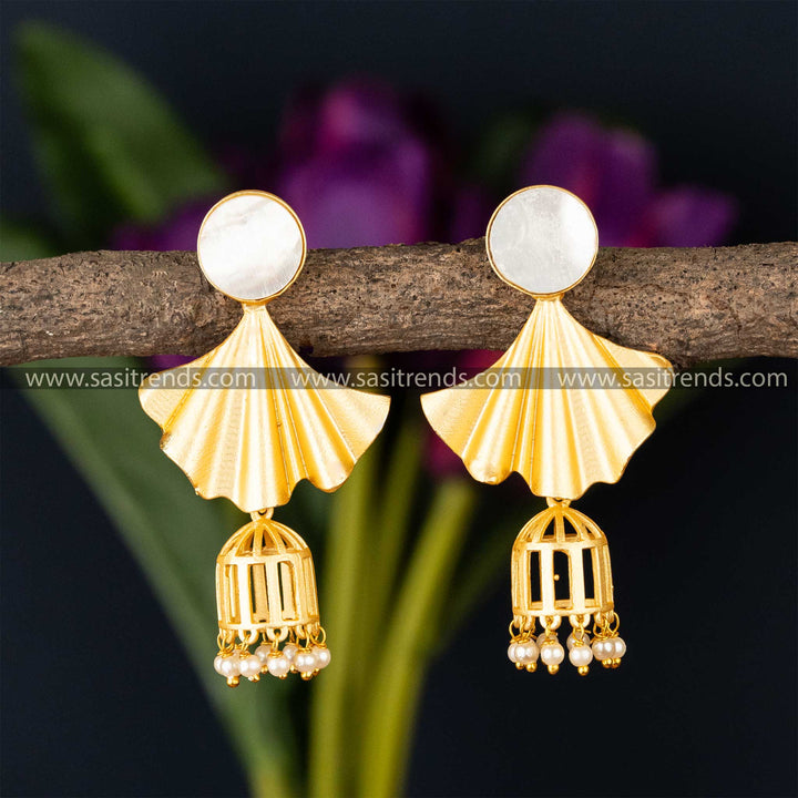 Art deco gilded fan earrings with pearl cage detail and Mother of Pearl stud