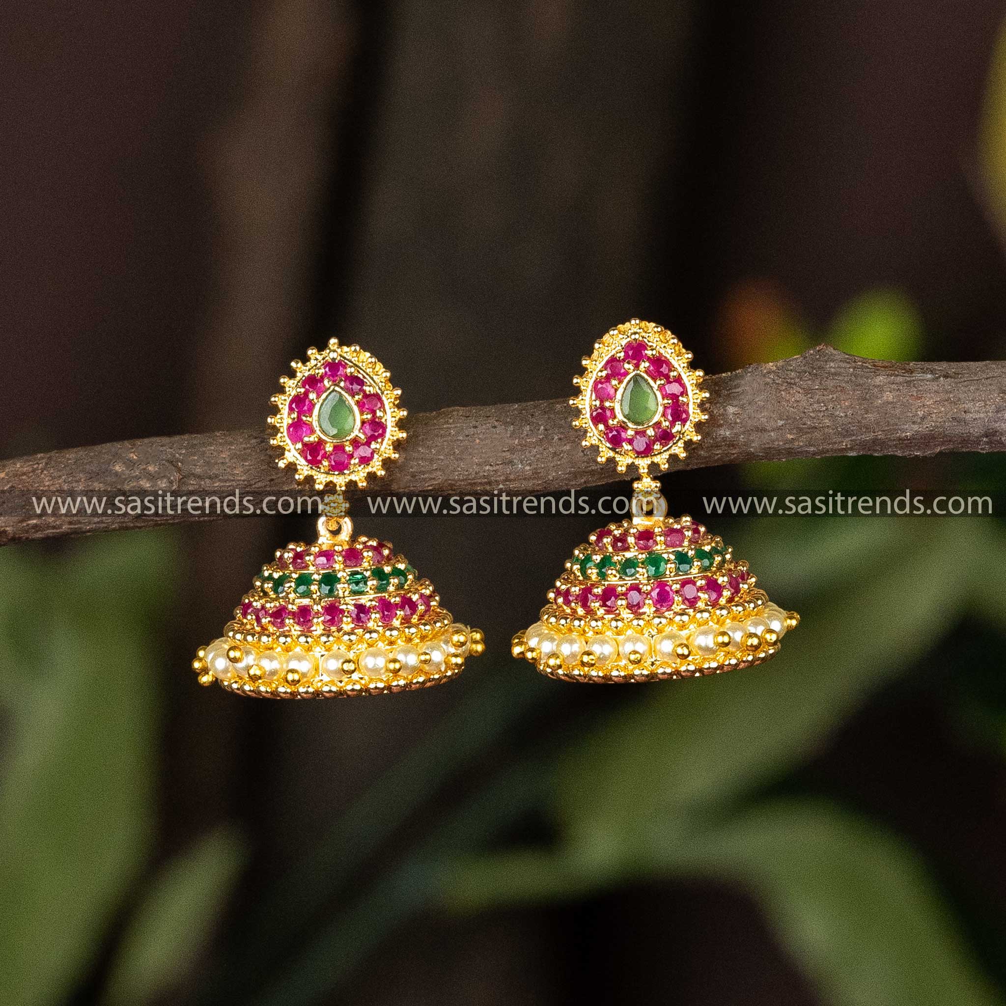 Micro Gold Plated Water Drop Designer Ruby Green AD Stone Studded Pearl Jhumka Earrings