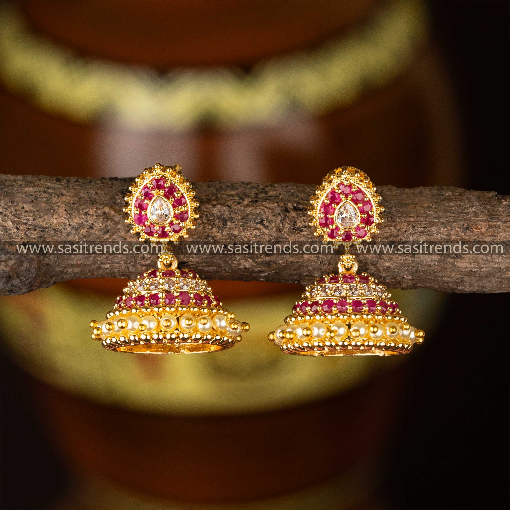 White Ruby Guaranteed Micro Gold Plated Water Drop Designer AD Stone Studded Pearl Jhumka Earrings