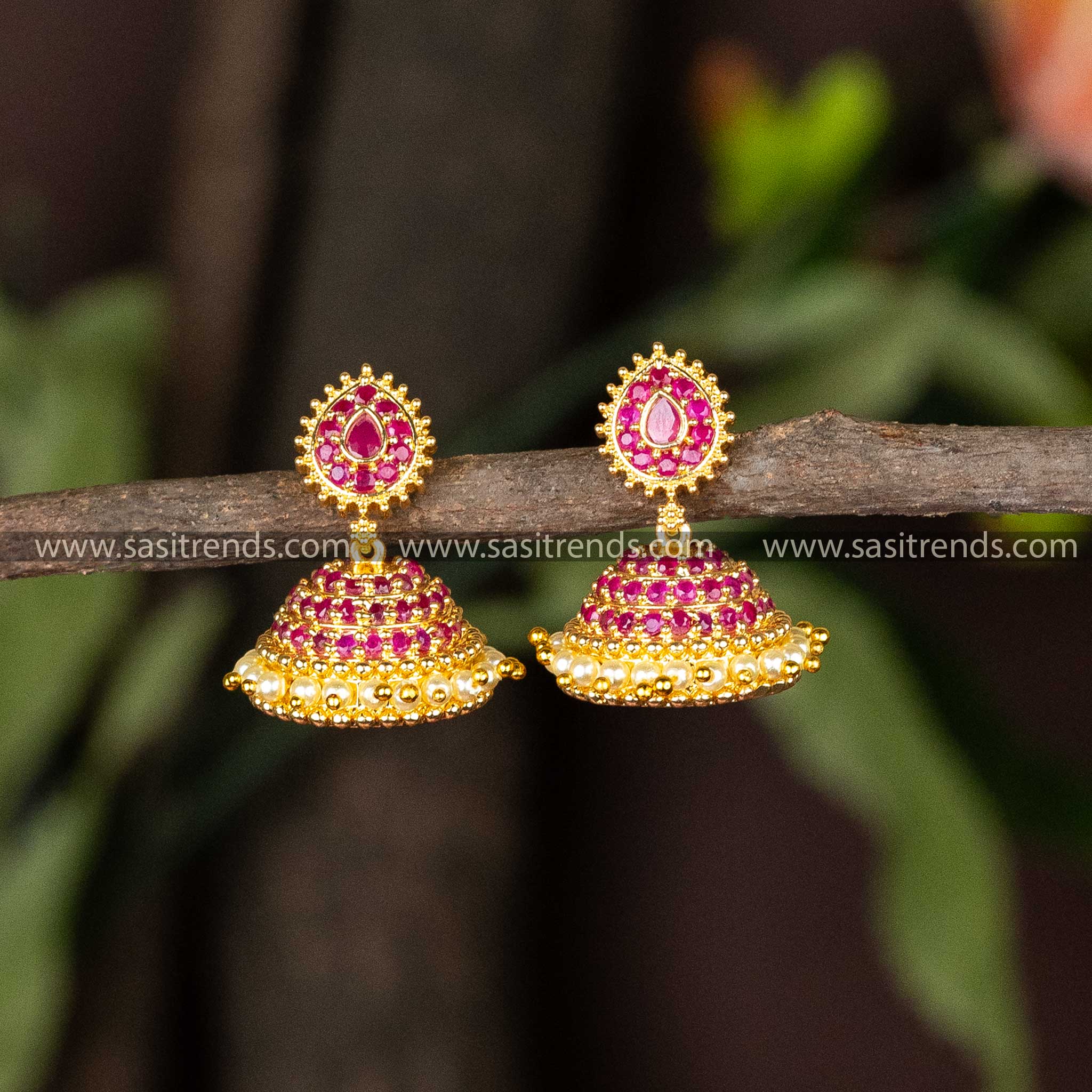 Guaranteed Micro Gold Plated Ruby AD Stone Studded Pearl Jhumka Earrings