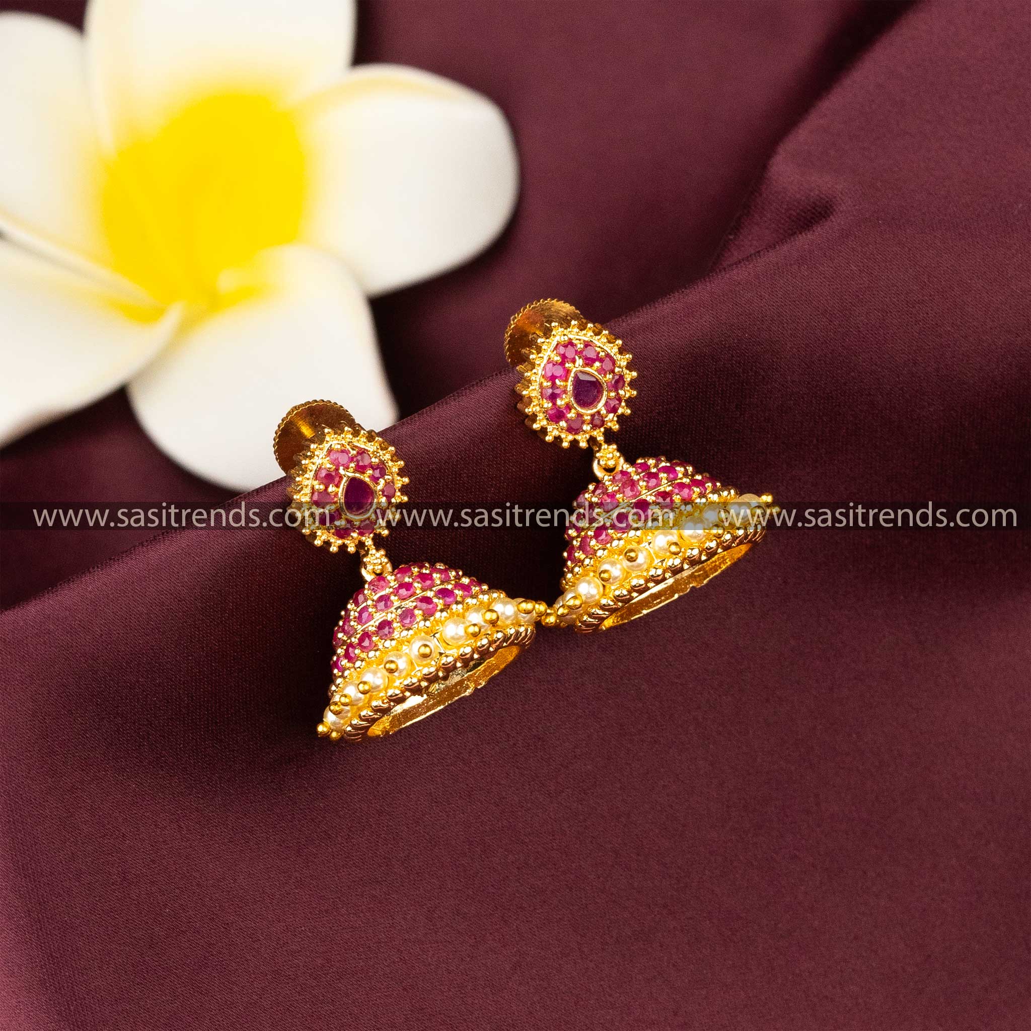 Guaranteed Stylish Micro Gold Water Drop Designer Ruby AD Stone Jhumka Earrings 