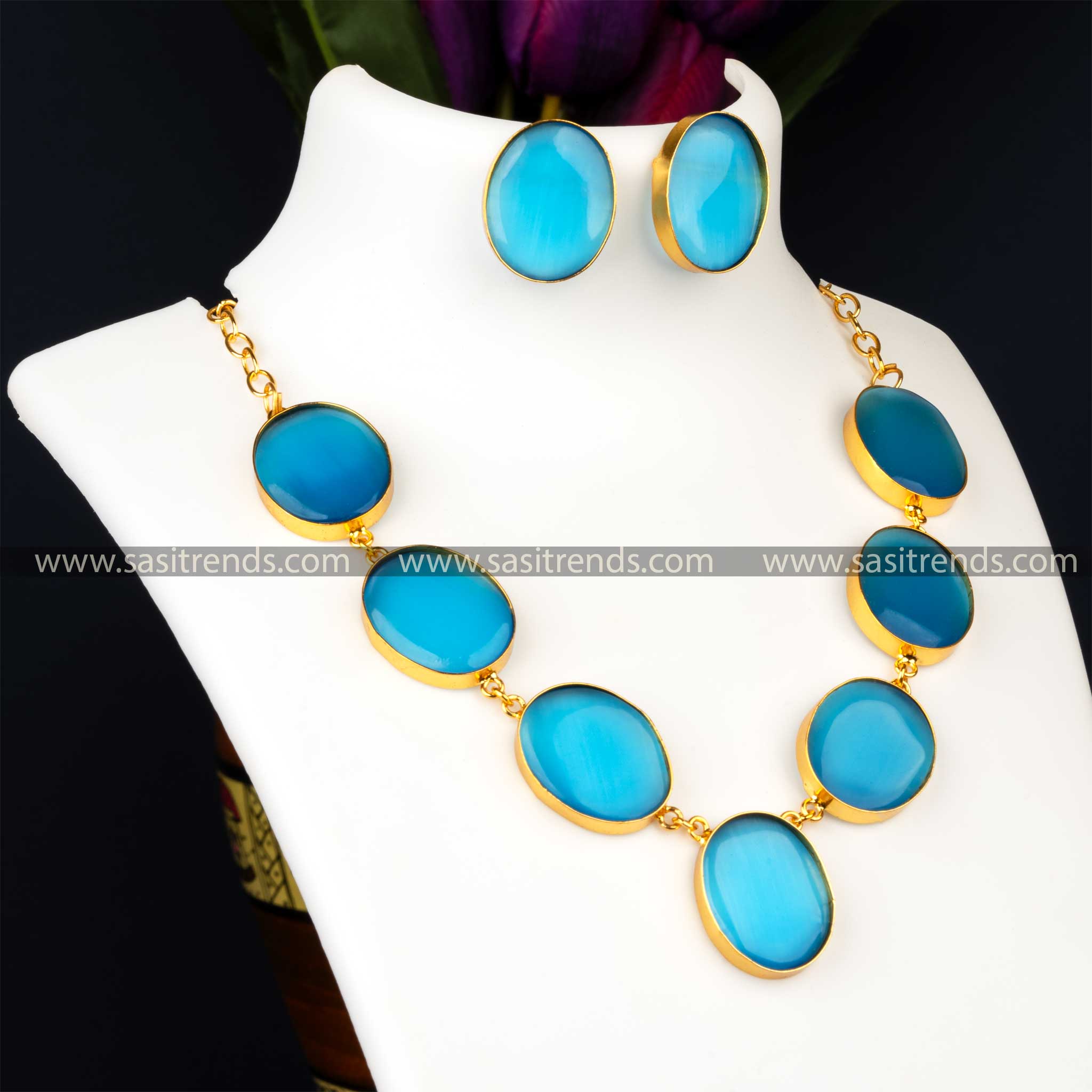 Beautiful Gold Plated Blue Monalisa Stone Studded Necklace With Earrings Jewellery Set 