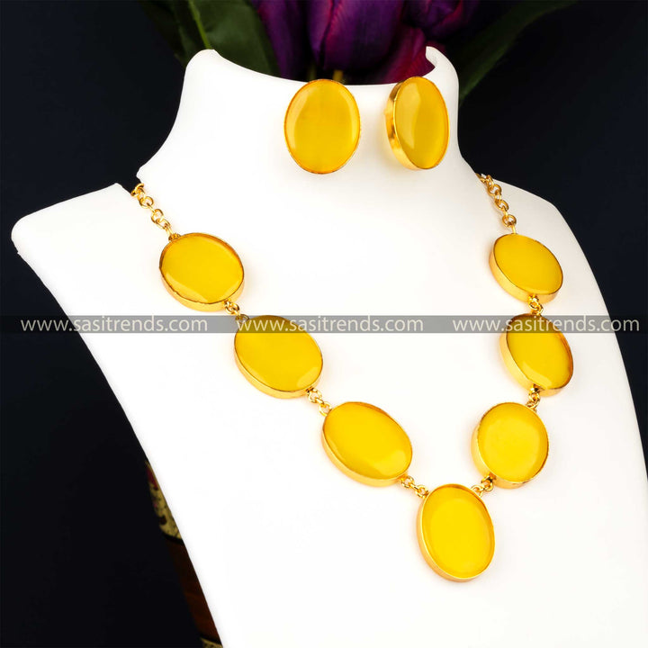 Elegant Gold Plated Yellow Monalisa Stone Studded Necklace With Earrings Jewellery Set 