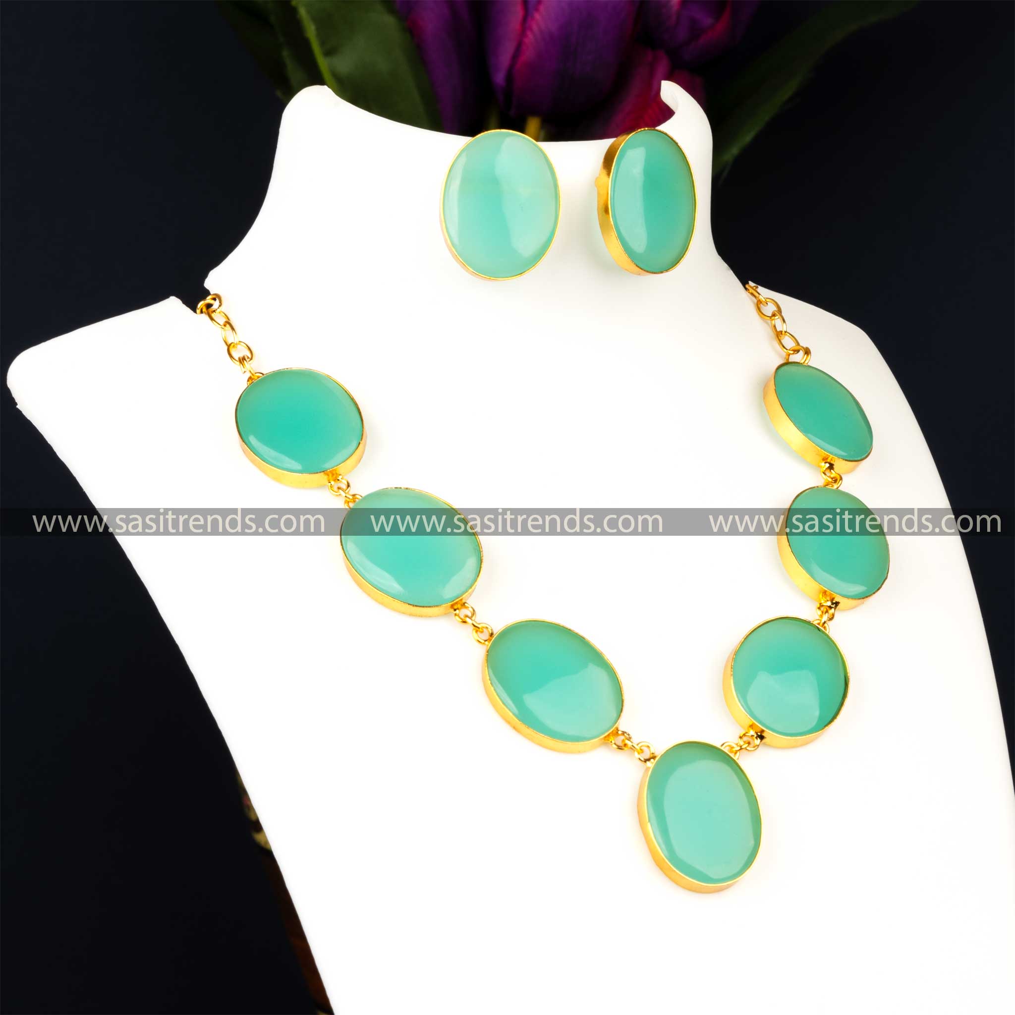 Trendy Gold Plated Mint Monalisa Stone Studded Necklace With Earrings Jewellery Set 